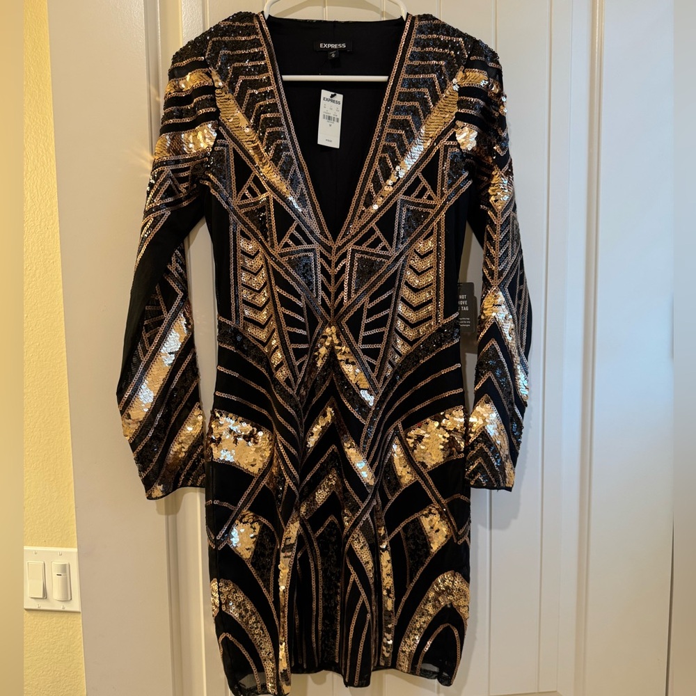 Express Black and Gold Geometric Sequin Dress